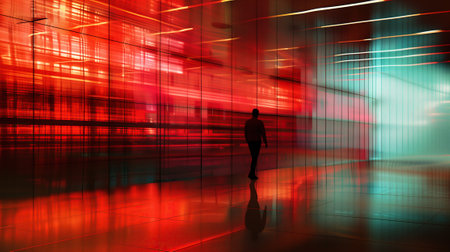 A modern data center hallway with neon lights showcases a person in a futuristic settingの素材
