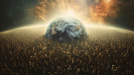 Overpopulated planet Earth drowns in an endless crowd of humanity, a metaphorical image.の素材