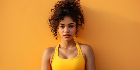 A captivating young woman of Latina descent, wearing a vibrant yellow tank top, stands confidently in front of a yellow wall, illuminated by the golden rays of the sun.の素材