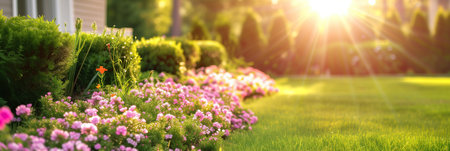 The striking sunlight bathes a meticulously maintained flower garden, showing its vibrant blossoms against a tranquil backdrop.の素材