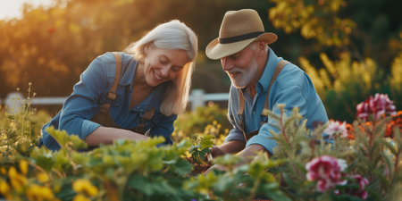 A contented mature couple working hand in hand in a lush field, cultivating and reaping the rewards of their garden.の素材
