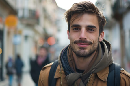 A man wearing a plaid shirt smiles for the camera, exuding a sense of positivity and warmth.の素材
