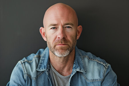 A bald man wearing a denim jacket engages with the camera, making direct eye contact in a straightforward manner.の素材