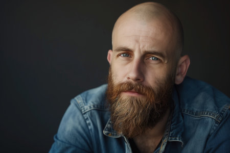 A bald man wearing a denim jacket engages with the camera, making direct eye contact in a straightforward manner.の素材