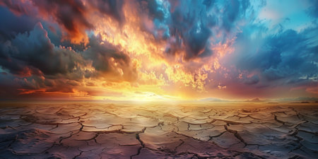 The sun is setting over a dramatic sky, casting a warm glow on the cracked land in a desert.の素材