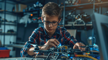 A young boy in a robotics club diligently works on assembling a racing quadcopter in a factory setting.の素材