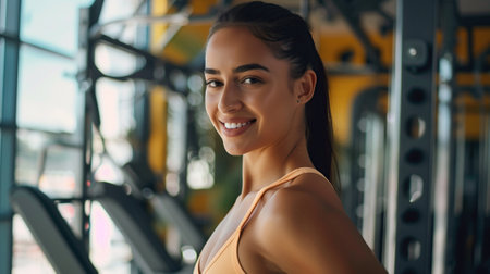 A young, sporty fitness trainer stands in front of a gym machine.の素材