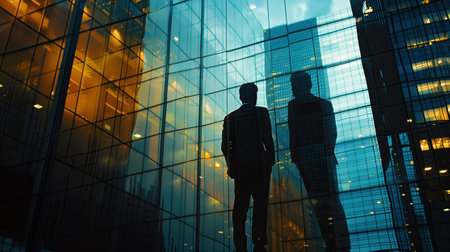Silhouettes of two businesspeople standing in front of skyscrapers.の素材