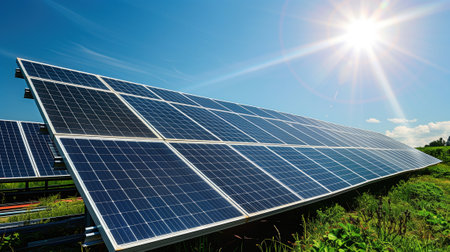 A solar panel installed in the center of an open field, harnessing sunlight to generate clean energy.の素材