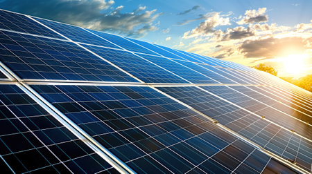 A solar panel receiving direct sunlight with the sun shining in the background.の素材