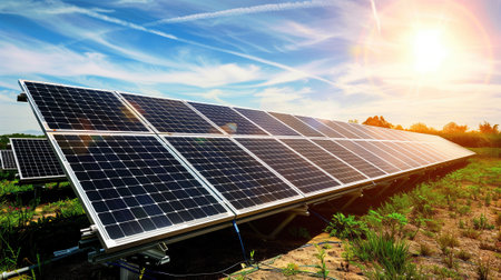 A solar panel is positioned in the center of an open field, absorbing bright sunlight for energy generation.の素材