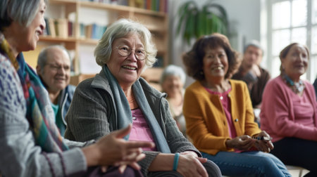 An assortment of elderly women seated closely beside each other.の素材