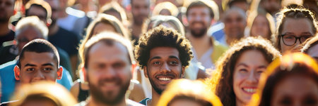 A diverse group of individuals, smiling and posing together for a photograph in a sunny outdoor setting.の素材