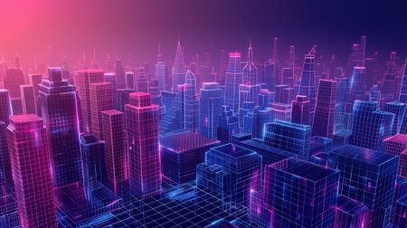A computer-generated futuristic city with towering holographic wireframe buildings and a bustling metropolis. holographic wireframe digital visualizationの素材