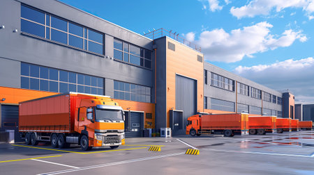 A line of delivery trucks parked in front of a large warehouse building.の素材