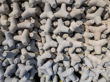 Aerial drone view of a breakwater. breakwater in the sea, a collection of concrete tetrapod breakers