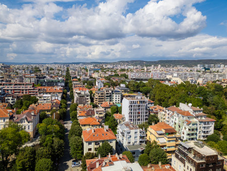 Aerial view of a vibrant cityscape with residential buildings and green trees under a blue sky...