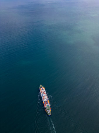 A container ship sails across the calm blue waters