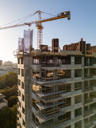 A drone video capturing the construction site of a high-rise building at sunset. The structures...