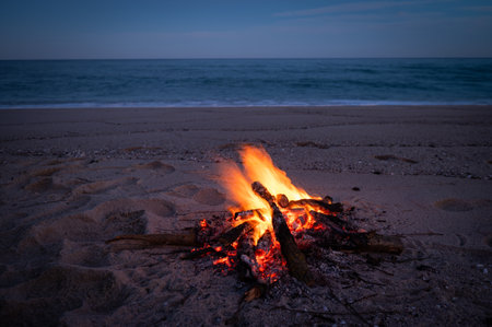 Warm flames of a campfire illuminate a peaceful sandy beach with a calm sea and soft twilight in the...