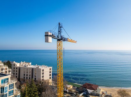 New hotel or residential complex under construction on the picturesque Kabakum Beach near Varna, Bulgaria. Tower cranes, metal structures, and the seaside view define this vibrant sunny worksiteの写真素材