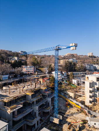 Construction of a new hotel or residential complex on the beachfront in Kabakum Beach, near Varna, Bulgaria, offering stunning views of the Black Sea and golden sandy beachesの写真素材