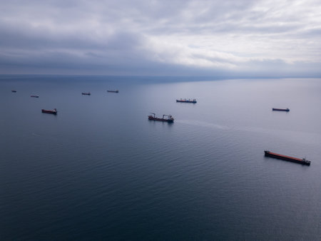 An aerial perspective of cargo ships floating on the open sea, representing global trade and maritime transport. The calm water and scattered vessels create a serene yet dynamic view of the shipping industryの写真素材