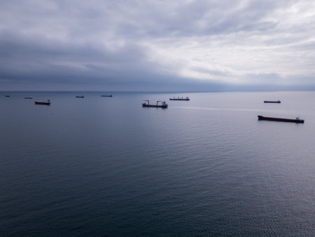 An aerial perspective of cargo ships floating on the open sea, representing global trade and maritime transport. The calm water and scattered vessels create a serene yet dynamic view of the shipping industryの写真素材