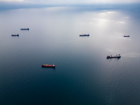An aerial perspective of cargo ships floating on the open sea, representing global trade and maritime transport. The calm water and scattered vessels create a serene yet dynamic view of the shipping industryの写真素材