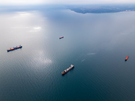 An aerial perspective of cargo ships floating on the open sea, representing global trade and maritime transport. The calm water and scattered vessels create a serene yet dynamic view of the shipping industryの写真素材