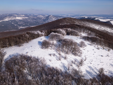 Aerial view of the snow-covered Balkan Mountains in Bulgaria. The winter landscape features rolling hills, frost-covered trees, and a clear blue sky. Hikers walk through the serene wildernessの写真素材