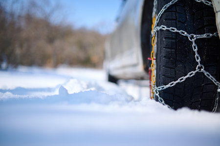 A car tire equipped with snow chains moves through deep snow. The metal links provide extra grip on the icy surface, ensuring stability and traction for safe winter driving in extreme conditionsの写真素材