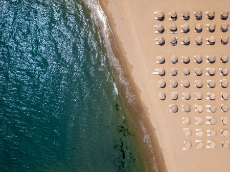 Aerial top-down view of a sandy beach with straw parasols and sunbeds aligned in rows, waves gently washing ashore. Summer vacation conceptの写真素材