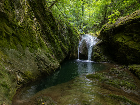 Kazancheto waterfall in Strandzha Nature Park, Bulgaria. Twin streams cascade over mossy rocks into a dark pool, surrounded by lush green forest. Peaceful hidden natural gem in summerの写真素材
