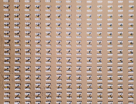 Aerial top-down view of perfectly aligned beach loungers and umbrellas on sandy ground. Repetitive geometric pattern creates a minimalist and organized summer vacation sceneの写真素材