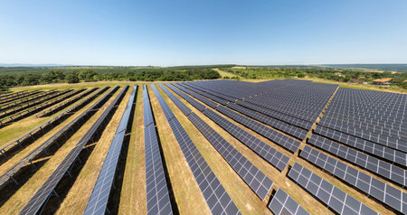 Aerial view of a large solar power plant with rows of photovoltaic panels installed on open land, generating clean renewable energy under a clear skyの写真素材