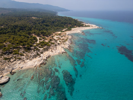 Aerial view of rocky coastline with turquoise water and pine forest in Greece. Stunning seascape with crystal-clear sea, white rocks, and untouched nature on a sunny summer dayの写真素材