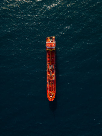 Top-down aerial video of a red oil tanker ship floating in the open sea. Industrial marine vessel captured in bright daylight, showing deck structures and equipment in detailの写真素材