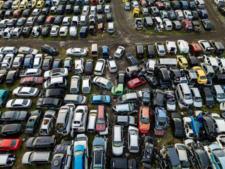 Aerial view of an abandoned car graveyard filled with old, damaged and dismantled vehicles arranged...