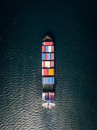 Top down aerial view of a large container ship in the deep blue ocean