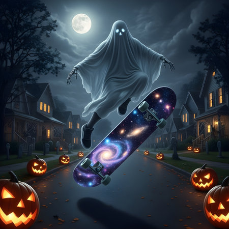 Skateboarder rides on the road in the spooky night at halloweenの素材