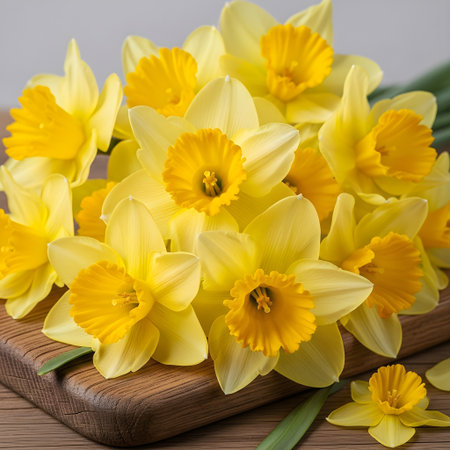 Bouquet of yellow daffodils on a wooden boardの素材