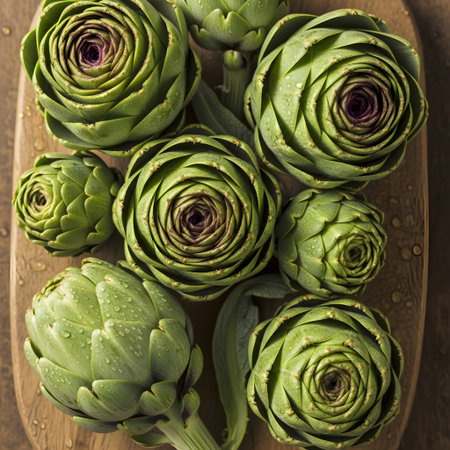Artichoke flowers in wooden bowl, top view. Healthy food conceptの素材
