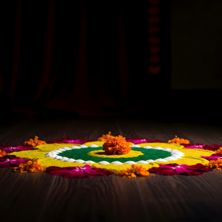 indian marigold flower rangoli on wooden floor with copy spaceの素材