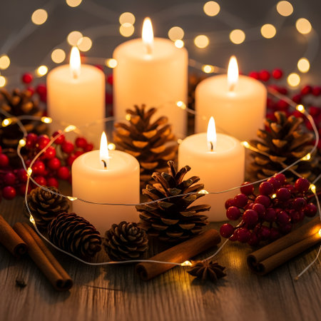 Christmas decoration with burning candles and bokeh lights on wooden backgroundの素材