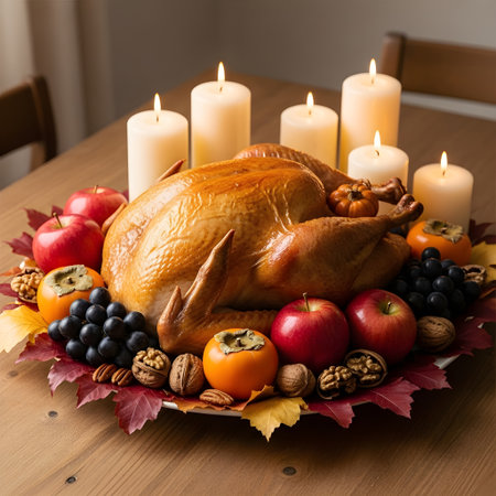 Thanksgiving turkey with apples, berries and candles on a wooden tableの素材
