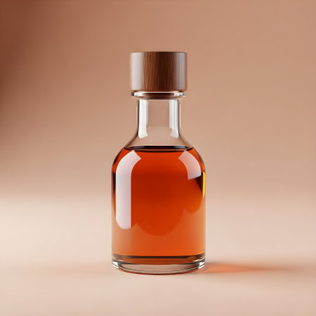 Glass bottle with brandy on a brown background. 3d renderingの素材