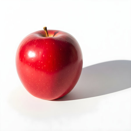 Red apple on a white background with a shadow from the sun.の素材