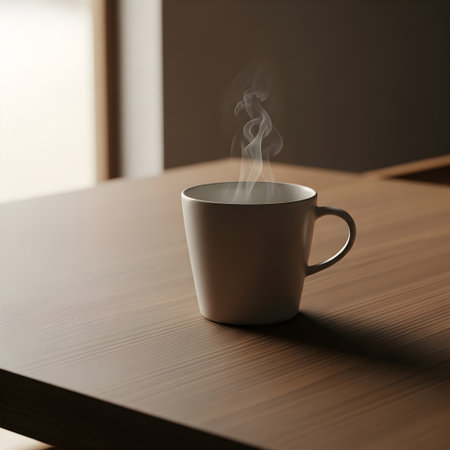Cup of coffee on wooden table, closeup. Morning timeの素材