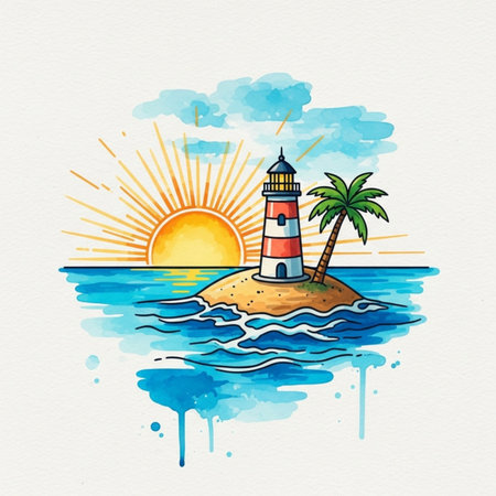 Lighthouse on the island. Hand drawn watercolor vector illustration.のイラスト素材